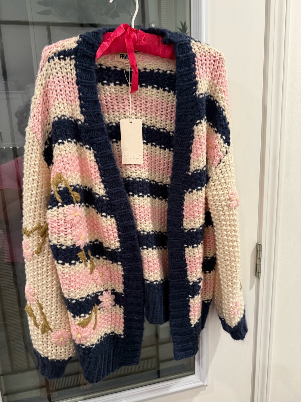 FRNCH Striped Chunky Knit Cardigan in Pink, Navy & Cream
